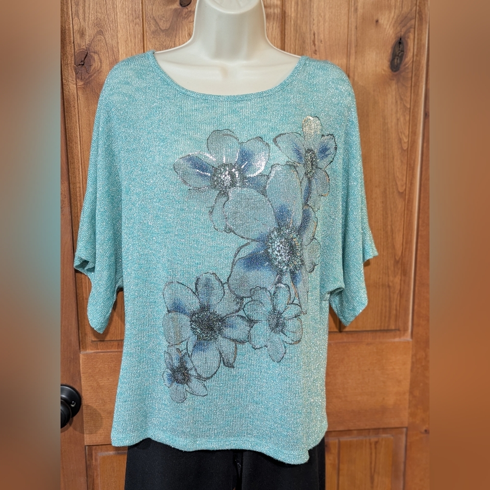 Mint Green And Silver Short Sleeve Knit‎ Top